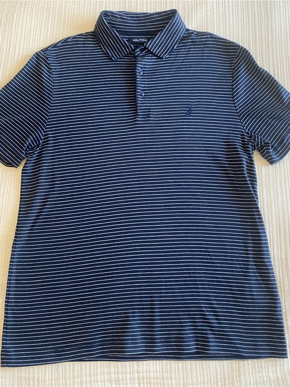 Nautica Men’s Large Navy Blue Striped Short Sleeve Polo Shirt Business Casual